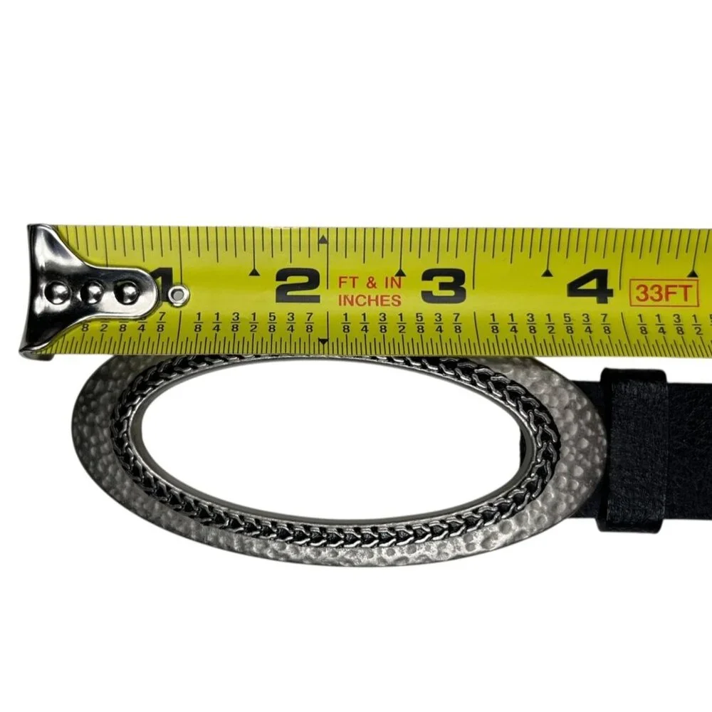 Chico's Belt Size ML Black Leather Adjustable Silvertone/Black Oval Buckle Boho
